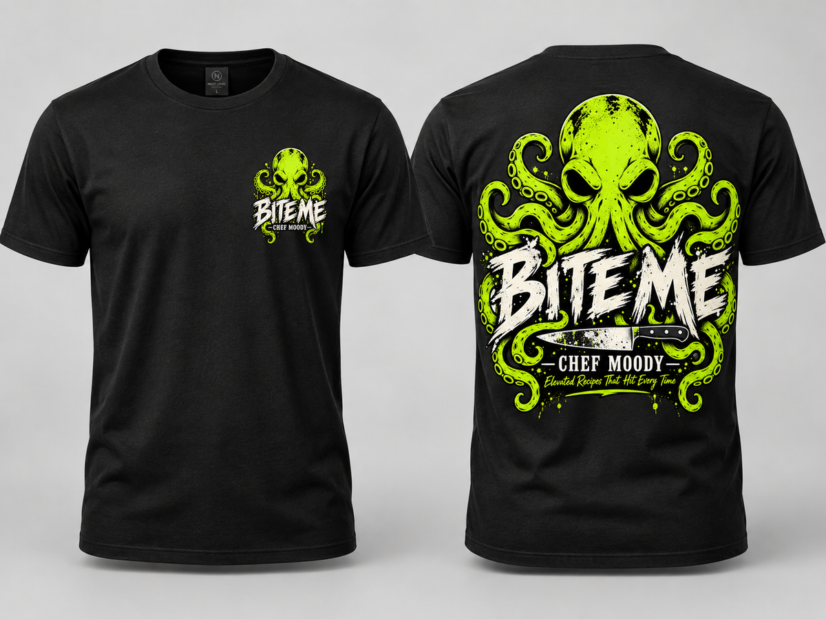 Bite Me Chef Moody toxic green octopus chef knife graphic t-shirt front and back on black