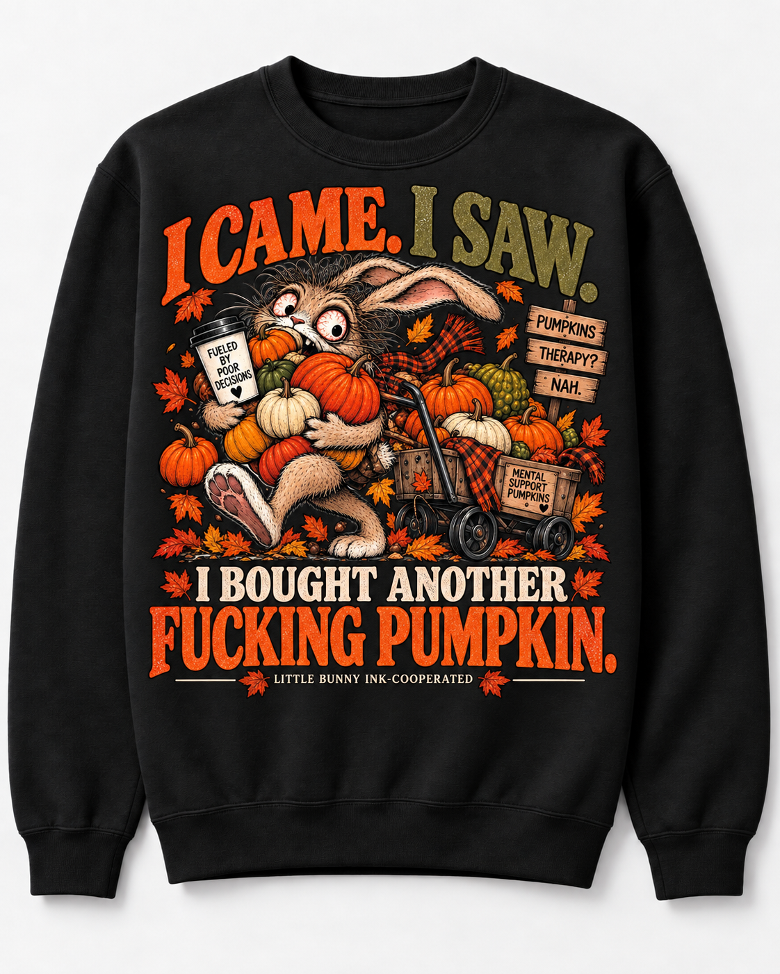 I Came I Saw I Bought Another Pumpkin unhinged bunny fall graphic crewneck sweatshirt in black