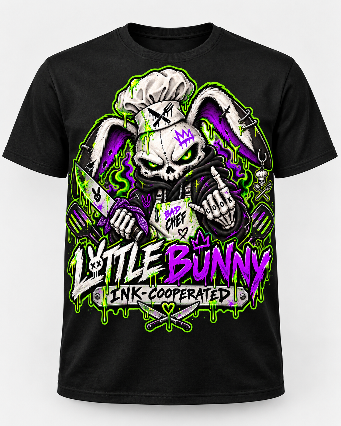 Little Bunny Ink-Cooperated Bad Chef skeleton bunny neon green and purple graphic t-shirt in black