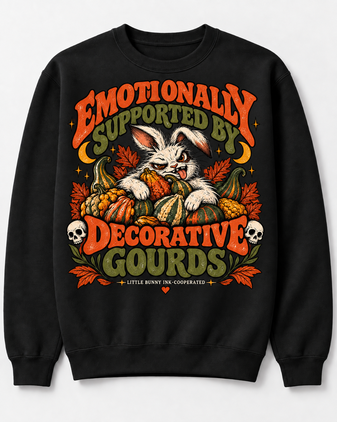Emotionally Supported by Decorative Gourds angry bunny fall graphic crewneck sweatshirt in black
