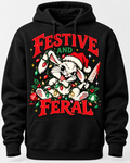 Festive and Feral Santa bunny with knife Christmas lights graphic hoodie in black