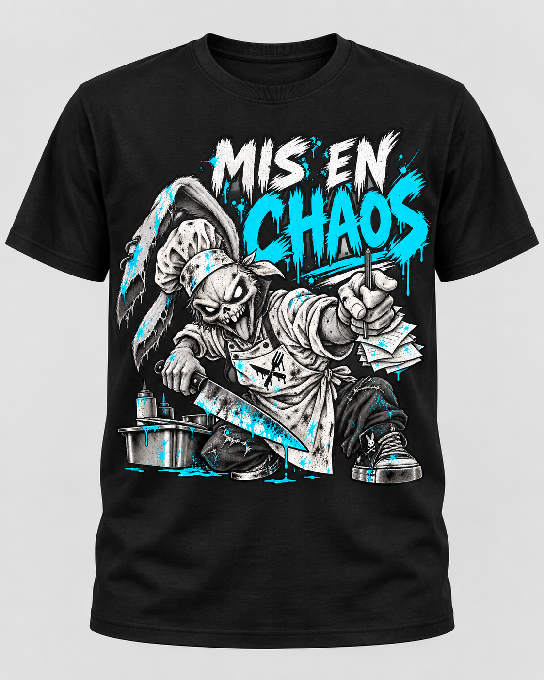 Mis En Chaos skeletal punk chef graphic t-shirt in black with cyan print