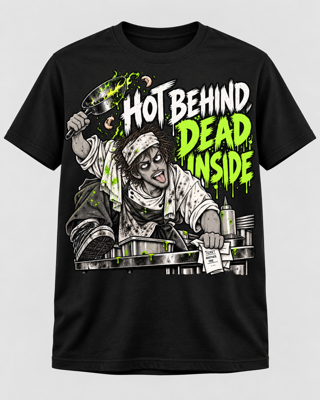 Hot Behind Dead Inside zombie chef graphic t-shirt in black with green print