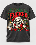 Fa La La La Fucked skeleton Santa bunny holiday graphic t-shirt in washed charcoal gray