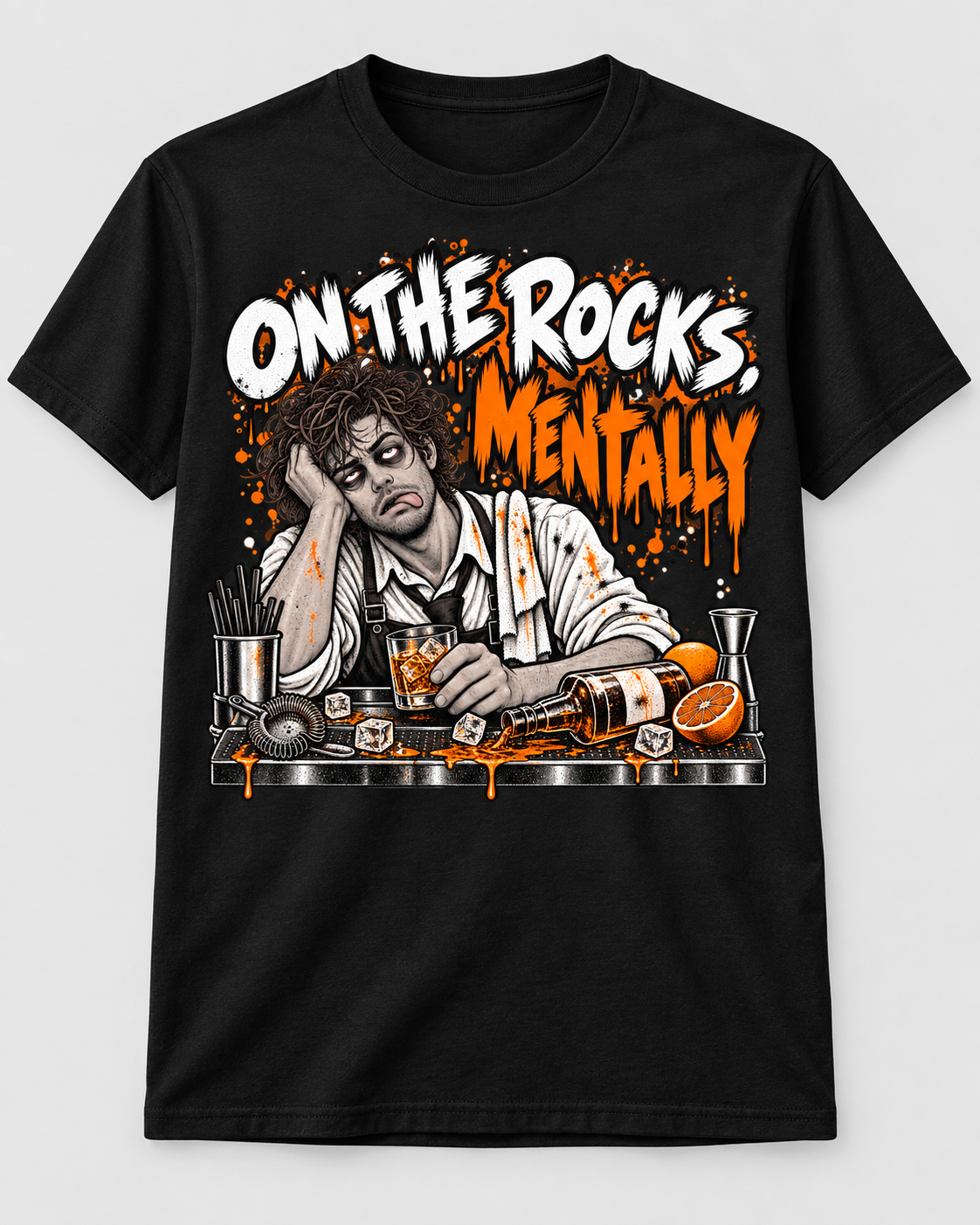 On the Rocks Mentally exhausted bartender graphic t-shirt in black with orange print