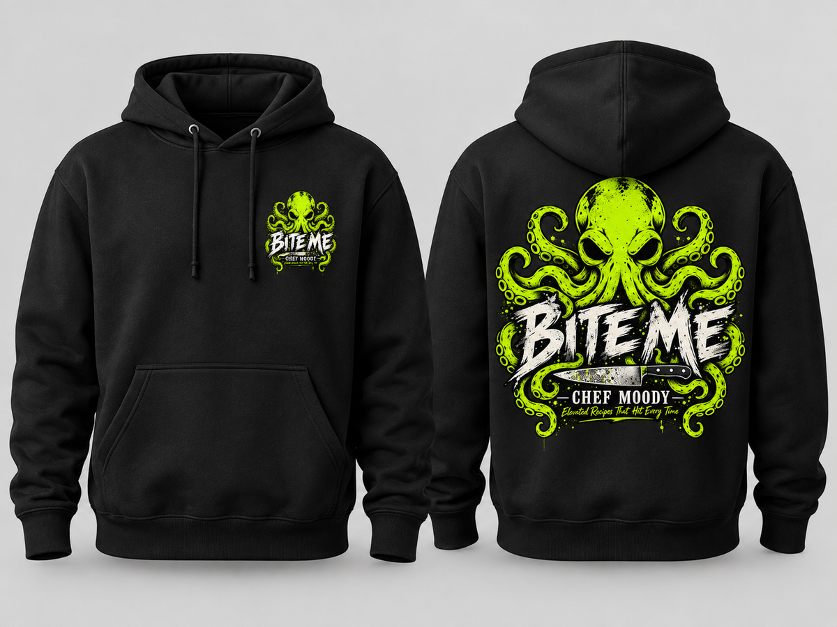 Bite Me Chef Moody toxic green octopus chef knife graphic hoodie front and back on black