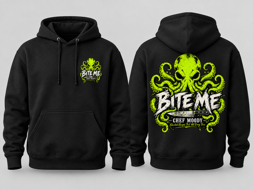 Bite Me Chef Moody toxic green octopus chef knife graphic hoodie front and back on black