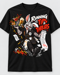 Running on Tips and Threats bunny server graphic t-shirt in black with red and white print