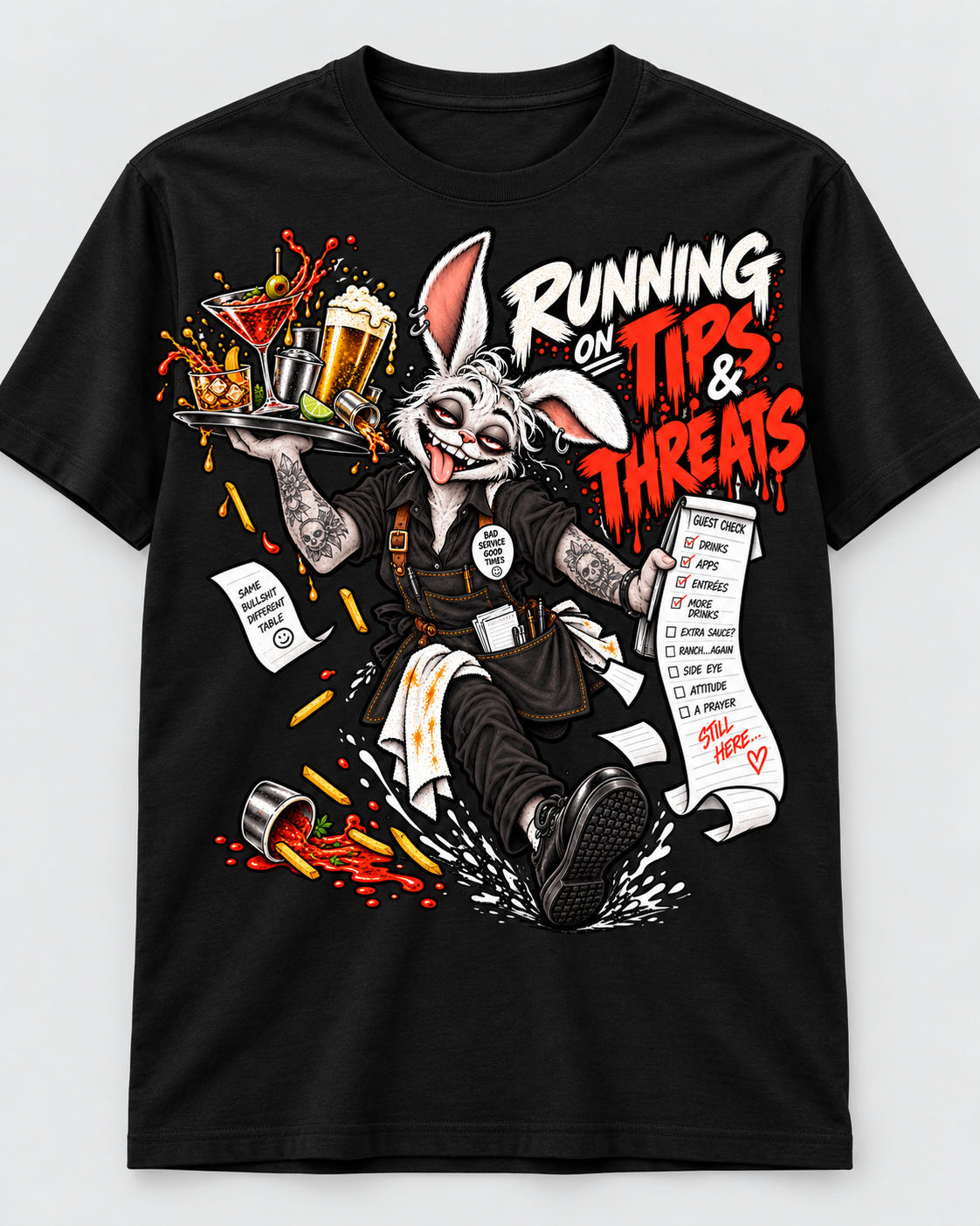 Running on Tips and Threats bunny server graphic t-shirt in black with red and white print