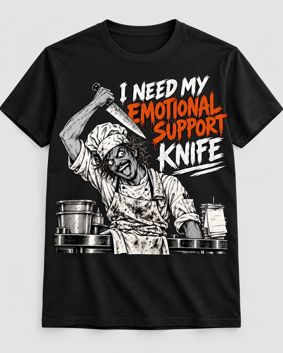 I Need My Emotional Support Knife zombie chef graphic t-shirt in black
